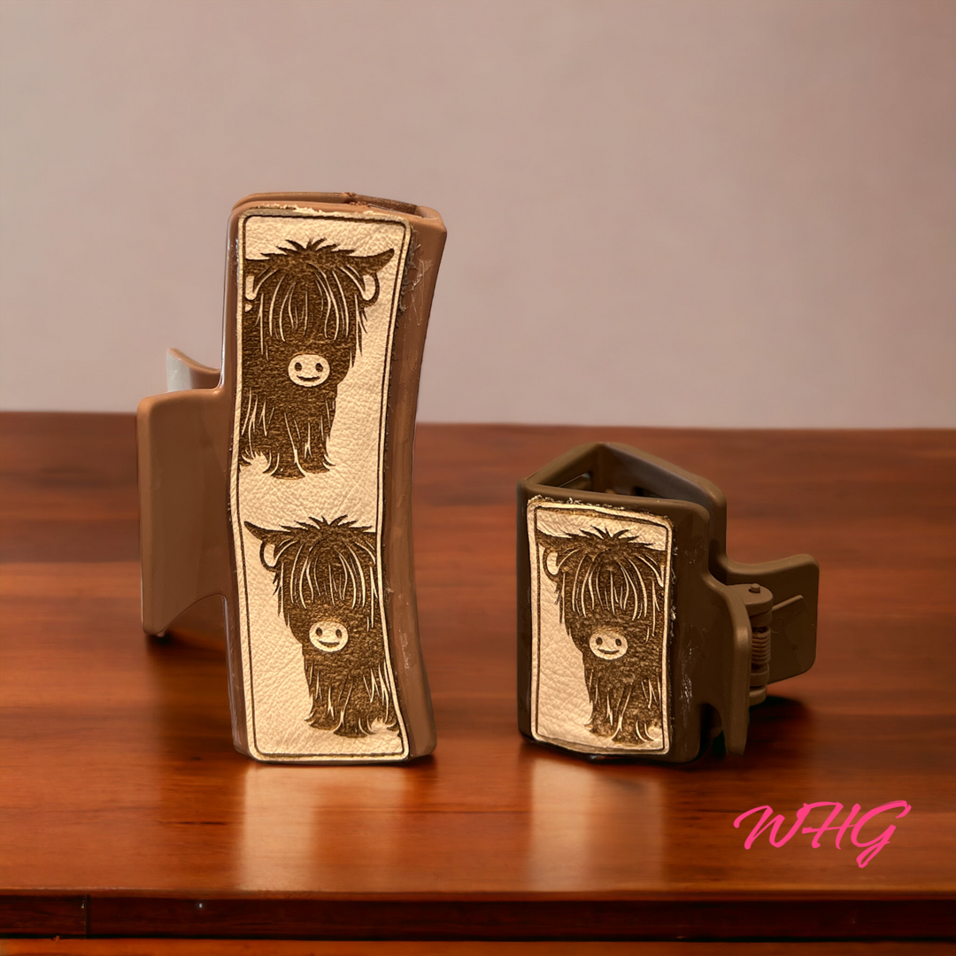 Highland Cow Beige Leather Hair Claw Clip
