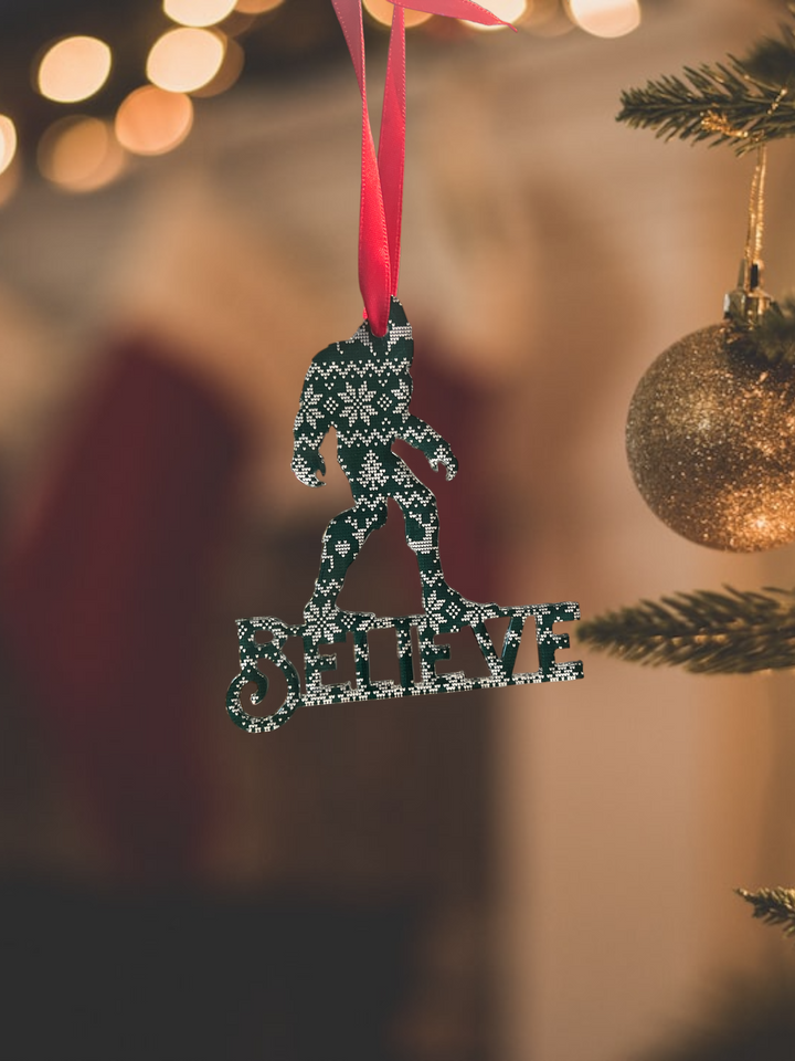 Bigfoot-themed Christmas tree ornament that inspires belief.